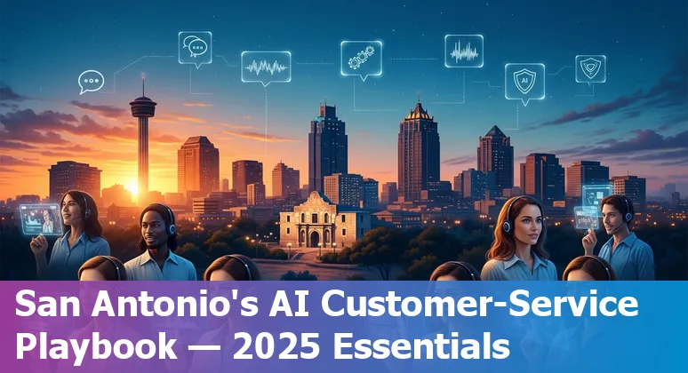 Customer service agent using AI dashboard with San Antonio skyline and energy/data center icons