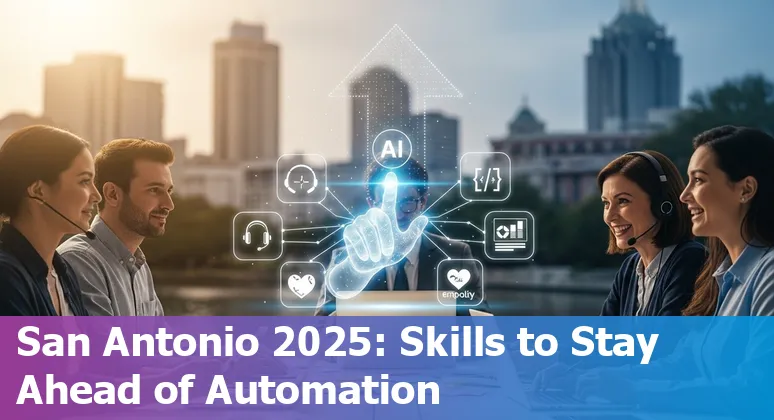 Customer service rep and AI chatbot overlay in San Antonio, Texas skyline, 2025