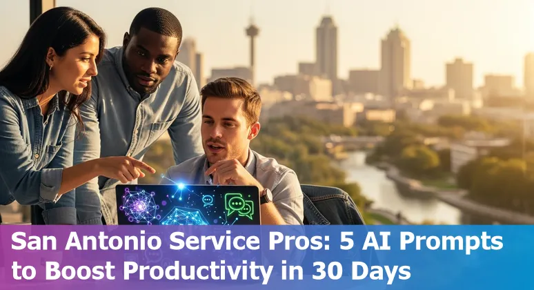 Customer service agent using AI prompts on a laptop with San Antonio skyline and bilingual Spanish-English text.