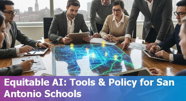 Educators using AI tools in a San Antonio, Texas classroom with UTSA campus skyline in the background
