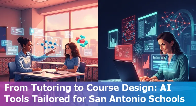 Teacher using AI tools on a laptop with San Antonio skyline and students' learning materials
