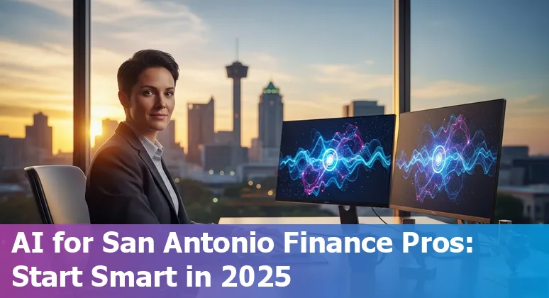 Finance professional using AI dashboard in San Antonio, Texas skyline background