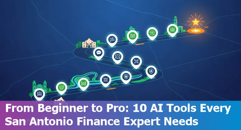 San Antonio finance professional using AI tools on laptop with city skyline and conference badges in background