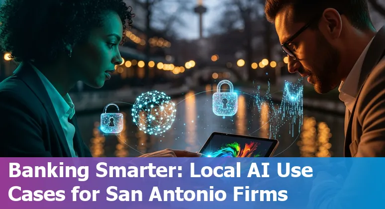 Illustration of AI agents aiding financial services in San Antonio with local skyline, credit cards, and data streams.