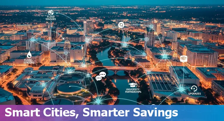 San Antonio, Texas city skyline with AI data overlays highlighting flood sensors, chatbots and UTSA AI partnerships