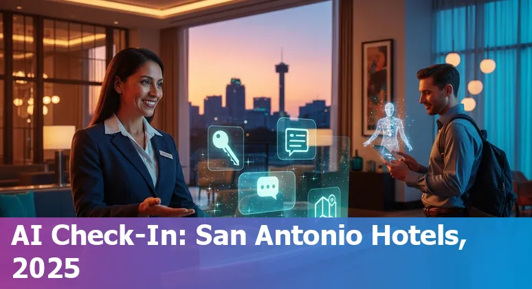 San Antonio, Texas hotel front desk using AI-powered kiosk and UTSA partnership signage in 2025