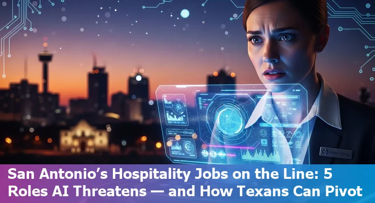 San Antonio skyline at sunset with hotel and restaurant icons overlayed, representing hospitality jobs and AI threats.