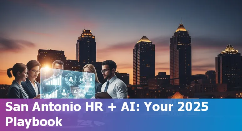 A San Antonio HR professional using AI tools on a laptop with the San Antonio skyline, Texas, in the background.