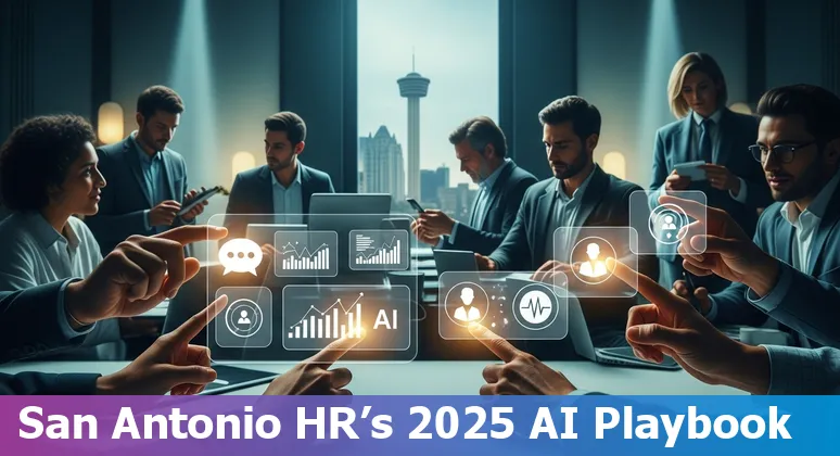 Collage of HR professionals in San Antonio using AI tools like HireVue, Lyra Health, Payscale and ActivTrak on laptops.