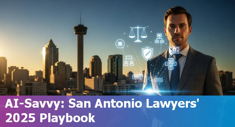 San Antonio, Texas lawyer using AI tools on laptop; legal books and Alamo skyline in background