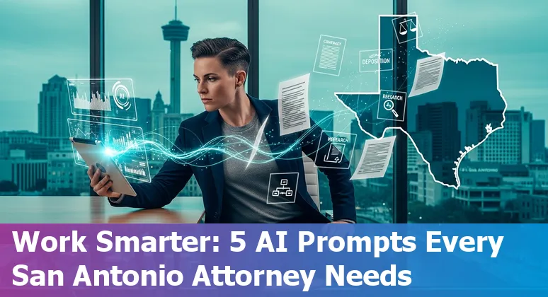 San Antonio lawyer using AI prompts on a laptop with skyline and icons for Westlaw, Relativity, DocuSign, Clio.