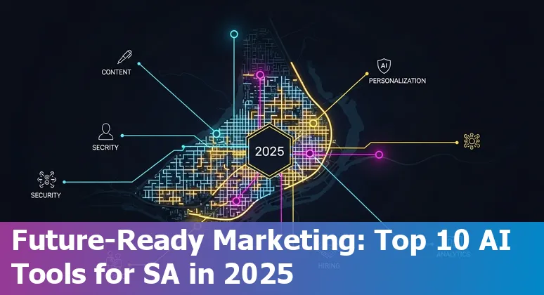 Collage of AI tools icons, San Antonio skyline, and marketing team collaborating on laptops.