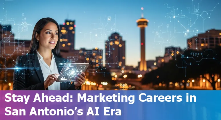 Marketer using AI tools in San Antonio, Texas skyline in background — showing AI-assisted marketing work in San Antonio, Texas