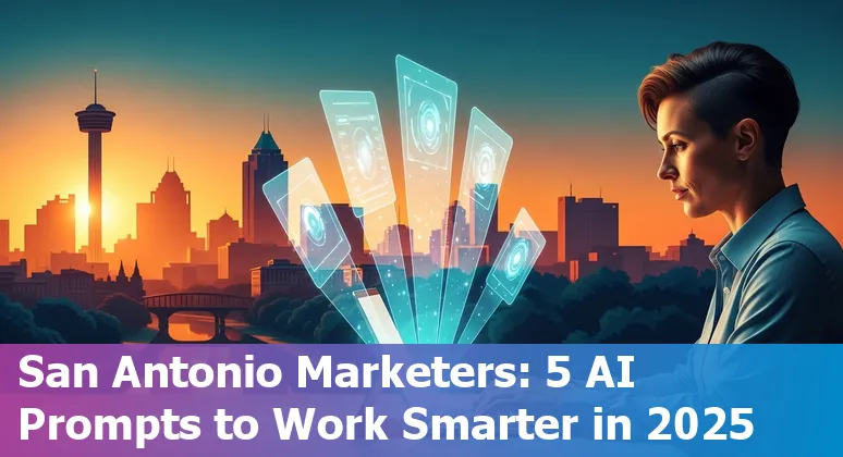 Illustration of a San Antonio skyline with AI prompt templates and marketing icons.