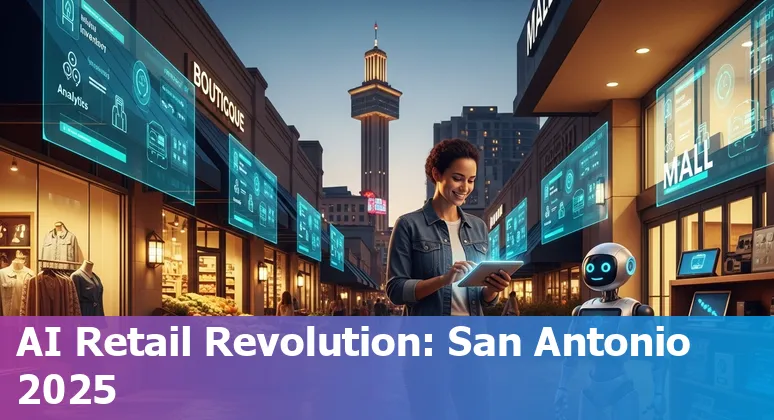 AI in retail in San Antonio, Texas: store with AI analytics dashboard and UTSA Downtown Campus in the background