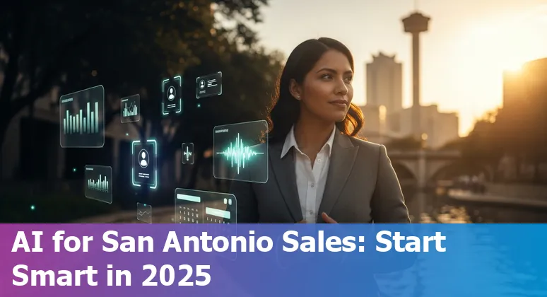 Sales professional using AI tools in San Antonio, TX skyline backdrop, 2025