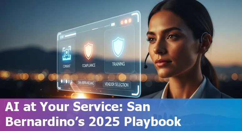 Customer service agent using AI tools in San Bernardino, California, with compliance checklists and training resources visible.