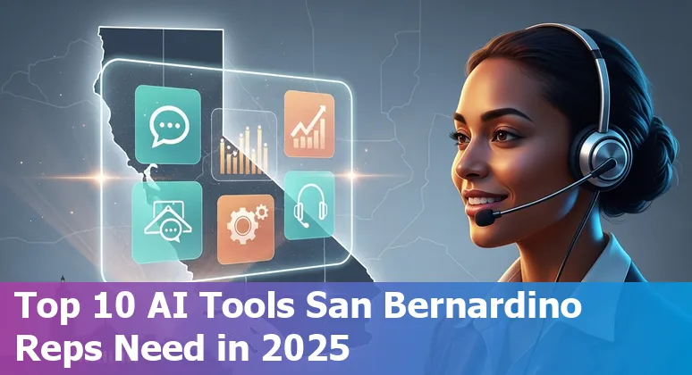 Customer service agent using AI chatbot tools on laptop with San Bernardino map overlay