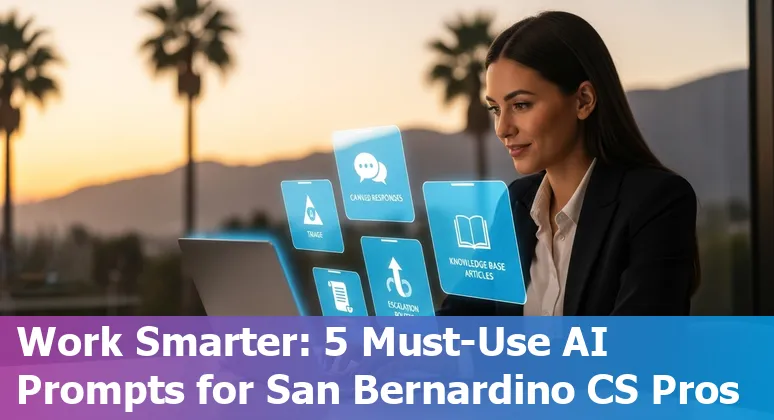 Customer service agent using AI prompts on a laptop with a San Bernardino map in the background