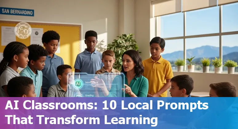 Teachers and students in San Bernardino using AI prompts, with SBCSS resources and campus collaboration logos.