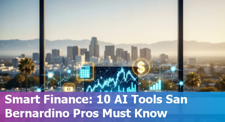 Collage of AI tools logos and finance visuals over a San Bernardino city map