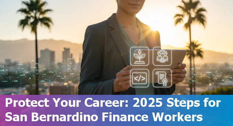 Finance worker using AI tools on a laptop in San Bernardino, California skyline background