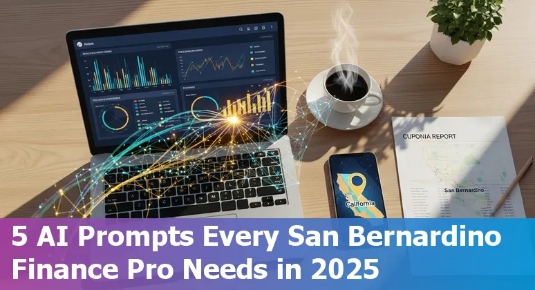 Finance professional using AI prompts on laptop with San Bernardino skyline in background