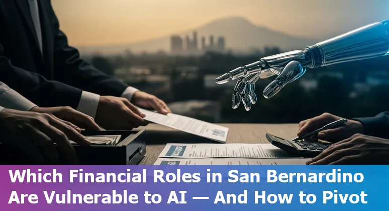 Person using a tablet at a San Bernardino bank branch with AI and finance icons overlay.