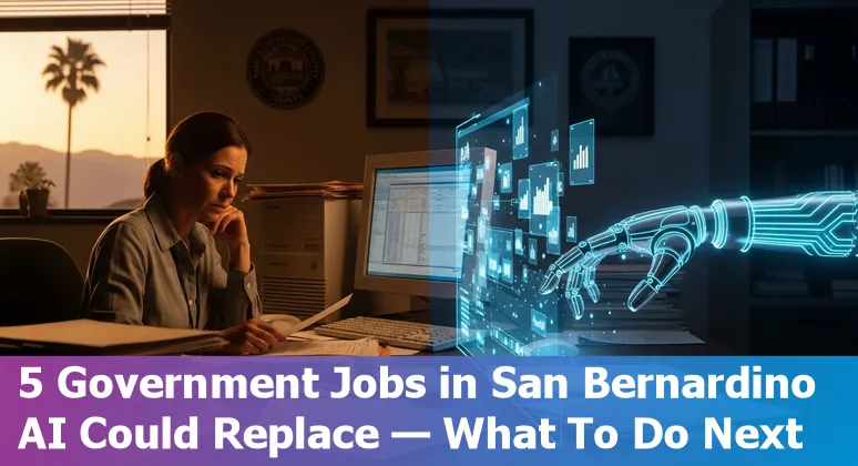 San Bernardino government workers and AI icons showing jobs at risk and reskilling paths