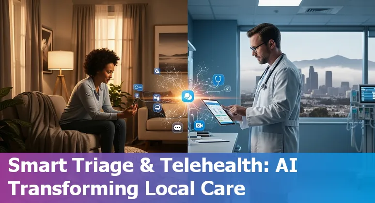 Healthcare worker using AI tools on a tablet with a San Bernardino hospital in the background.
