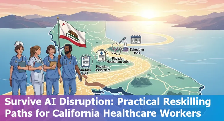 San Bernardino healthcare worker using AI tools with city skyline and hospital icons.