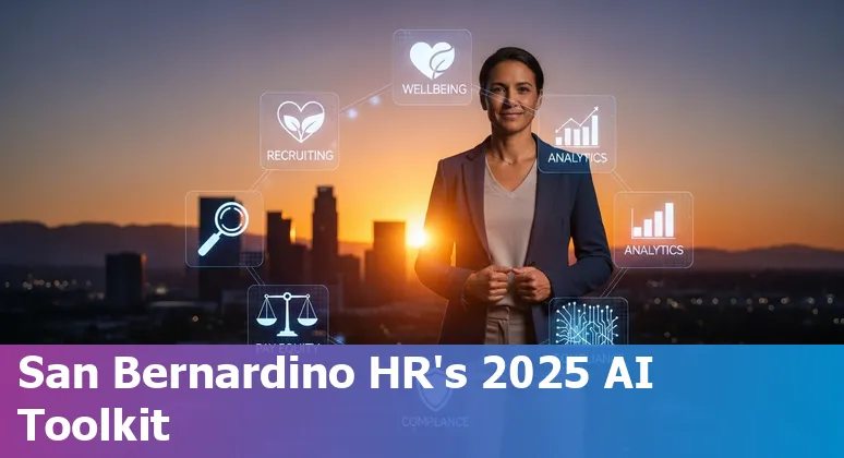 HR professional using AI tools dashboard with San Bernardino skyline in the background