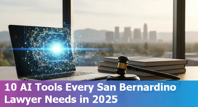 Lawyers using AI tools on laptops in a San Bernardino law office, with graphs and documents on screen.