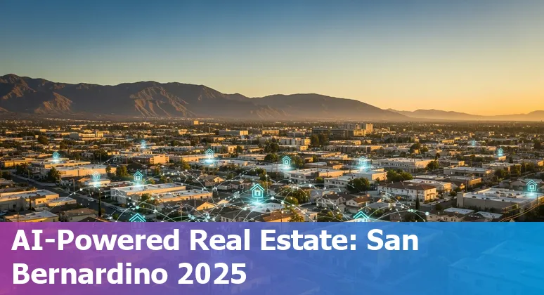 Illustration of AI tools analyzing property data with a San Bernardino, California map overlay and skyline.