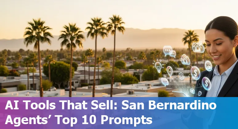 Real estate agent using AI tools on a laptop with San Bernardino neighborhood map on screen