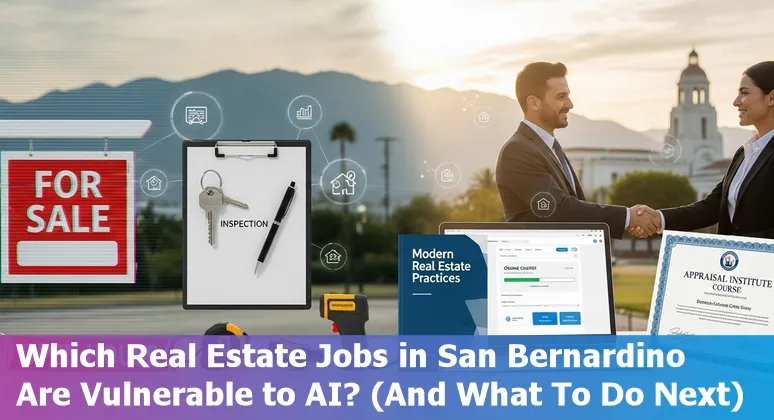 San Bernardino real estate skyline with icons representing appraisals, leasing, property management, transactions, and data analytics