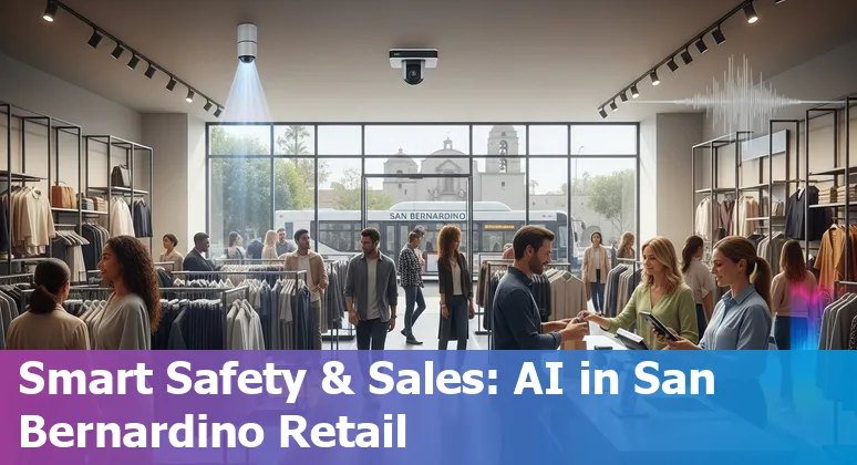 Retail security camera monitoring a busy San Bernardino storefront with AI analytics overlays