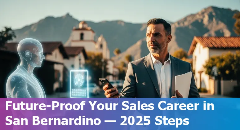 Salesperson using AI sales tools in San Bernardino, California, US skyline background