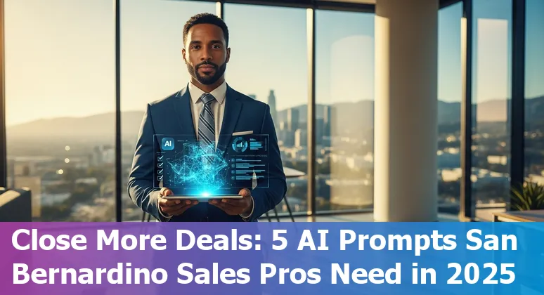 Sales professional in San Bernardino using AI prompts on a laptop with local construction project in background