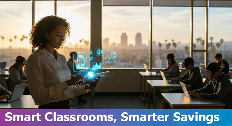 San Diego, California classroom with teacher using AI tools on laptop to cut costs and improve efficiency