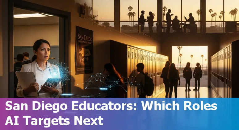 San Diego school building with AI icons overlay showing grading, chatbots, and data symbols.