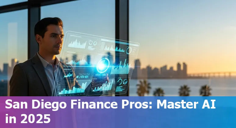 San Diego, California finance professional using AI tools in 2025—laptop with AI visuals and San Diego skyline in background