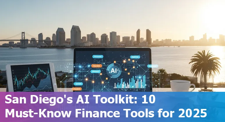 Collage of AI icons and San Diego skyline representing top AI tools for finance professionals in 2025
