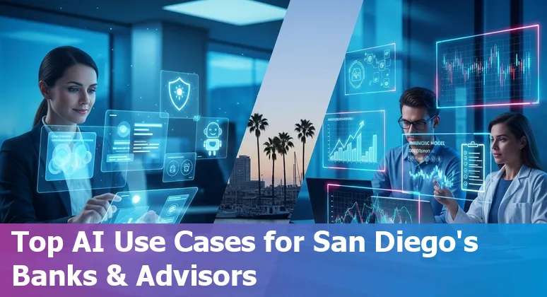 San Diego skyline with financial AI icons like chatbots, charts, and shield representing fraud detection