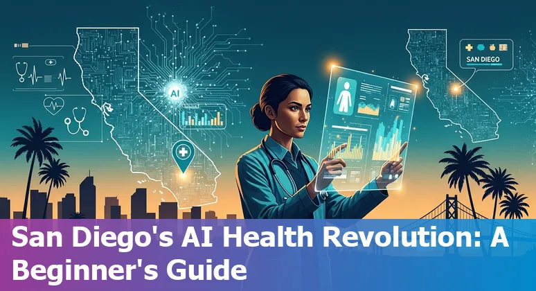 Healthcare AI illustration with UC San Diego Health campus skyline, San Diego, California
