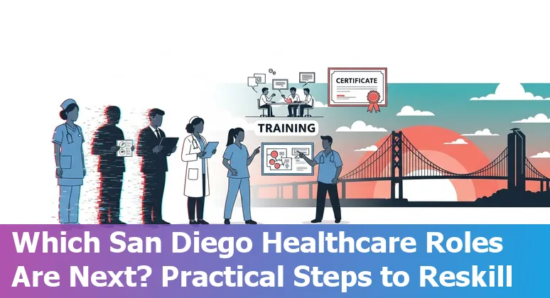 Healthcare worker using AI-augmented imaging software in a San Diego hospital with UC San Diego banner in background