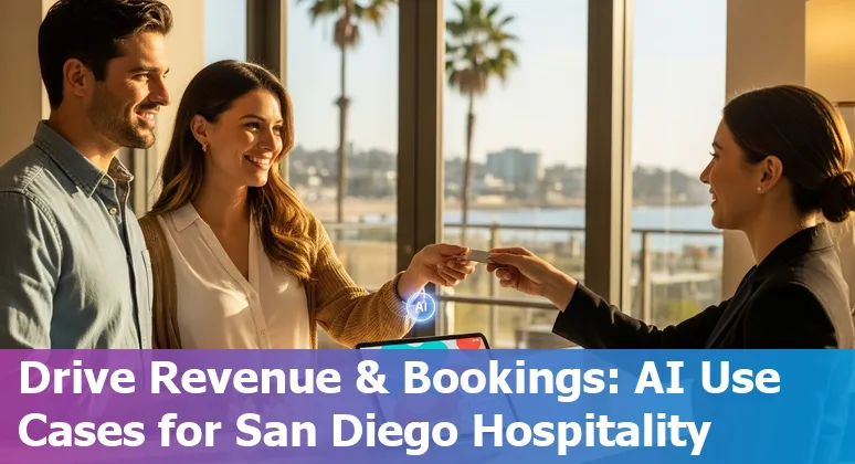 Hotel staff using AI dashboards and a chatbot to manage San Diego guest bookings and local recommendations.