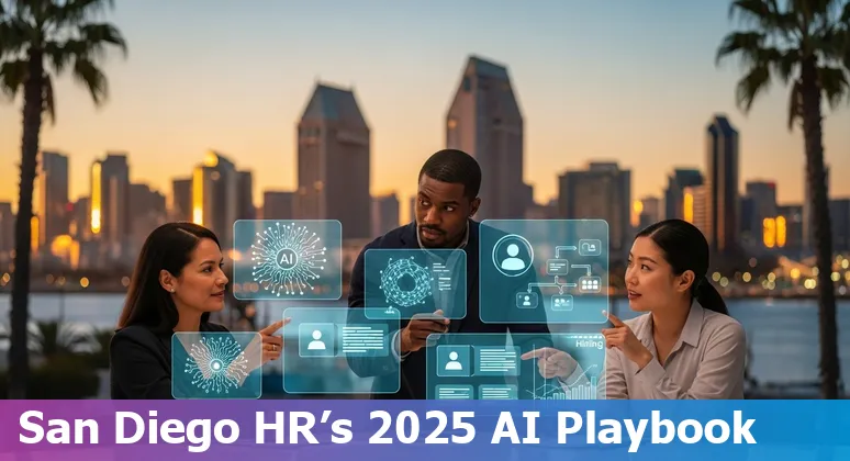 HR professional using AI tools dashboard showing Paradox, HireVue and Eightfold AI logos on a San Diego skyline background.