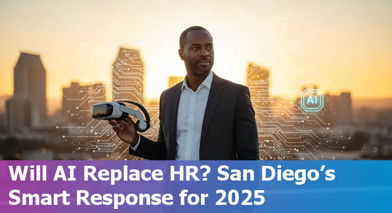 HR professional using AI tools in San Diego, California office skyline, California, US