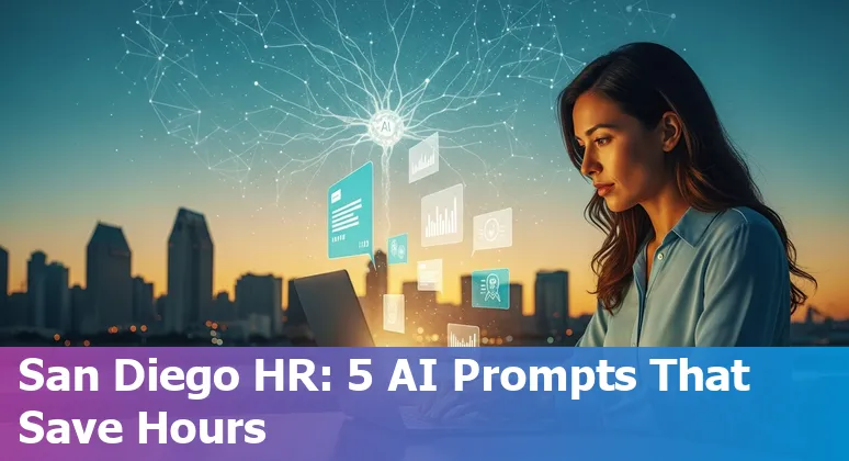 HR professional using AI prompts on a laptop with San Diego skyline in background